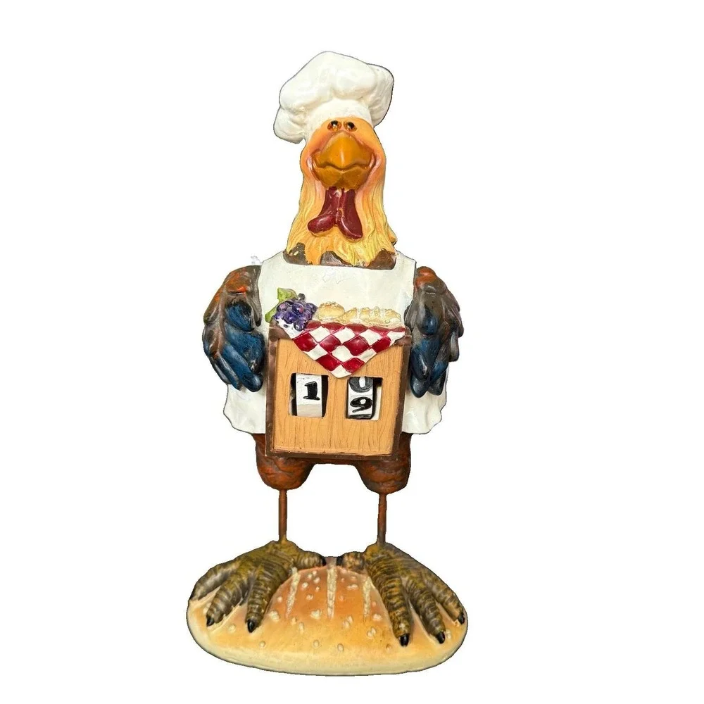 Vintage Rooster Chicken Chef Perpetual Calendar Resin Kitchen Counter Decor 11